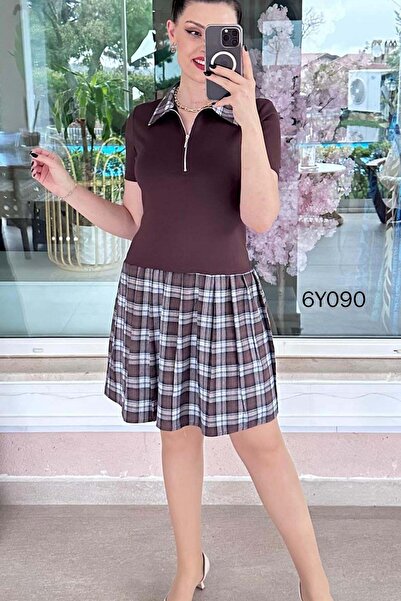 İnce Topuk Καρό Φόρεμα Μοντάλ με Γαρνιτούρα 6y090