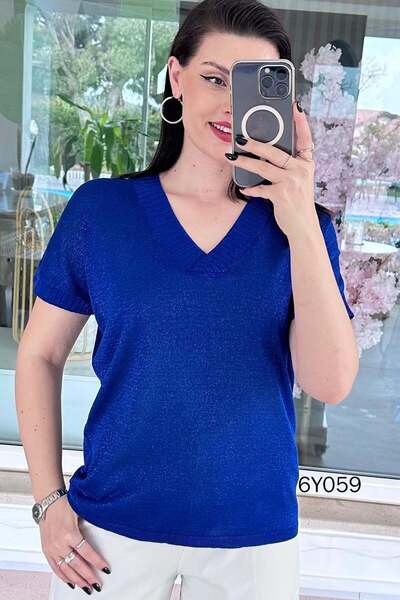 İnce Topuk V-Neck Glittery Knitwear Blouse 6Y059