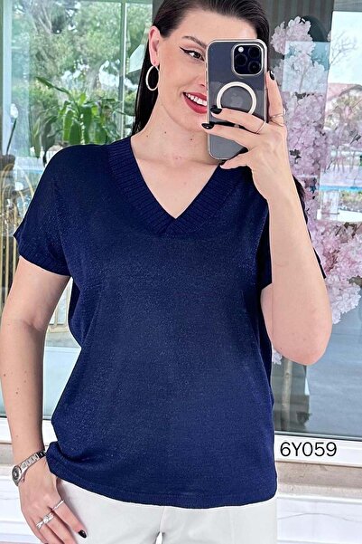 İnce Topuk V-Neck Glittery Knitwear Blouse 6Y059