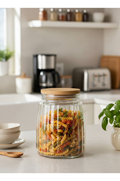 Living Facet-Patterned Glass Jar with Wooden Airtight Lid, 1.3L