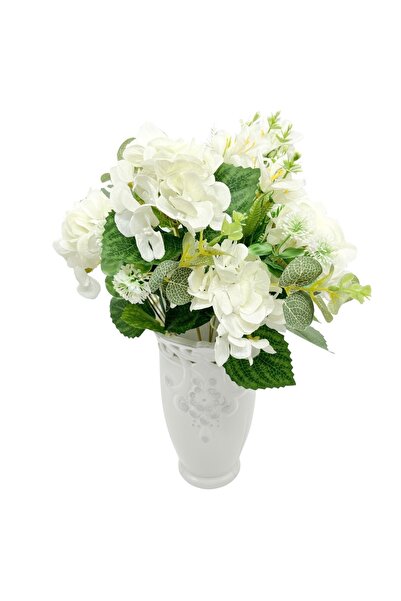 AFO Μπουκέτο με 10 Ορτανσίες και Μικτά Πρασινάδικα Φυτά, Λευκό