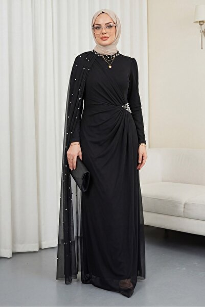 Modamorfo Βραδινό φόρεμα με ψηλό λαιμό και λεπτομέρεια από πέρλες και τούλι -...