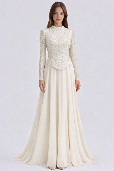 Olcay Boncuk ve Pul Desenli Şifon Kombinli Exclusive Tesettür Abiye Elbise KR...