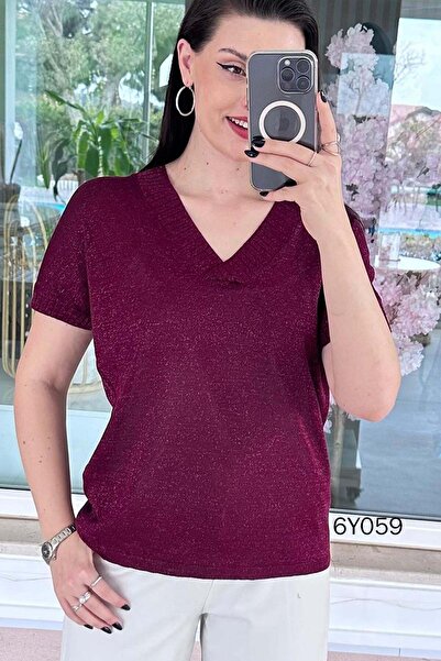 İnce Topuk V-Neck Glittery Knitwear Blouse 6Y059