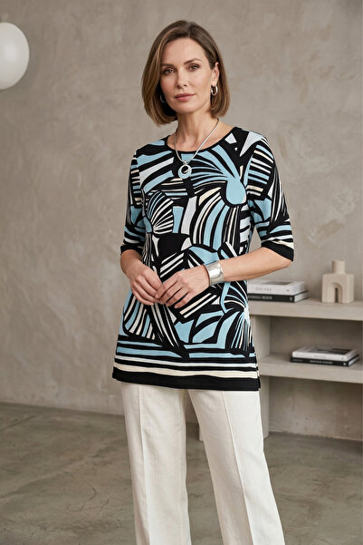 YXL COLLECTION Γυναικεία μπλούζα μεγάλου μεγέθους Lycra με λαιμόκοψη και σχέδ...