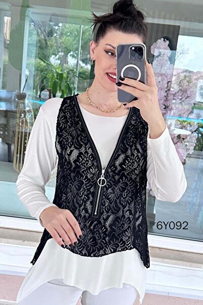 İnce Topuk Δαντελένιο Γιλέκο Μακρυμάνικη Διπλή Μπλούζα 6y092