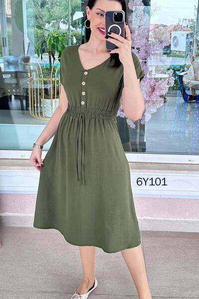 İnce Topuk Φόρεμα Aerobin με λάστιχο στη μέση και λεπτομέρεια με κουμπιά 6y101