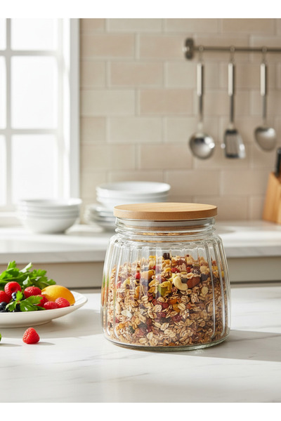 Living Facet-Patterned Glass Jar with Wooden Airtight Lid,1.1L