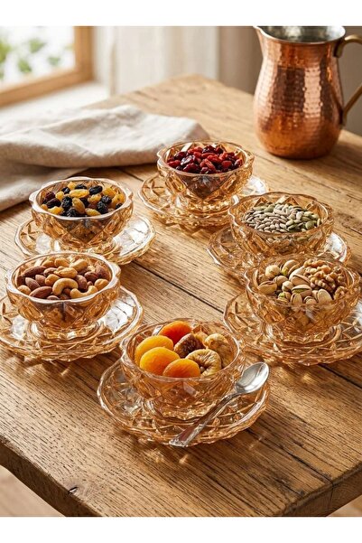 DEVADA HOME Amber Desenli Cam Kase Tabak Çerezlik Sunum Seti