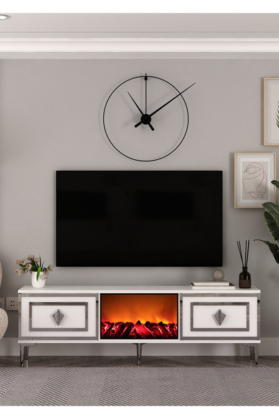 DEMONTE DECOR TV0067-TXA150DD-32 ŞÖMİNELİ TV SEHPASI BEYAZ-GÜMÜŞ
