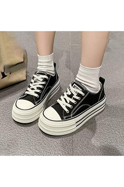 FASHION أحذية رياضية نسائية ذات نعل سميك من القماش مع أربطة