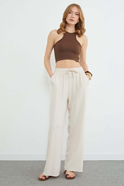 Fulla Moda Pantaloni Tencel cu șnur în talie și buzunare