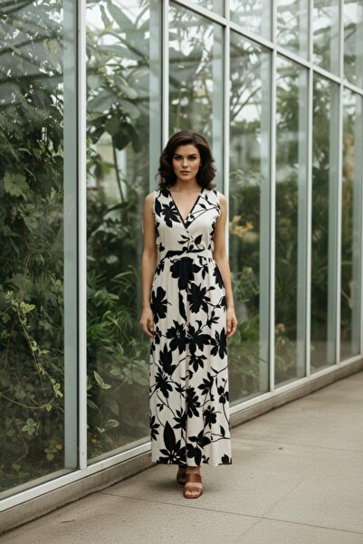 Mossta Φόρεμα με διπλό γιακά και λουλουδάτο σχέδιο από μονό ζέρσεϊ - Μπεζ