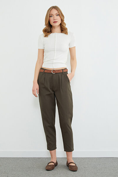 Fulla Moda Linen Look Trousers with Belt Detail