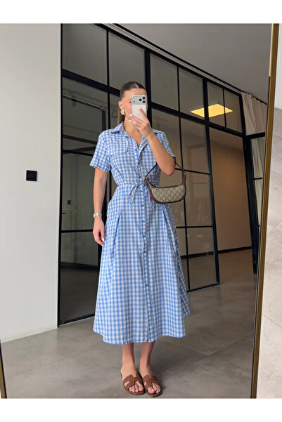 My Blog Μπλε 100% βαμβακερό καρό φόρεμα πουκάμισο με λεπτομέρεια από δαντέλα ...