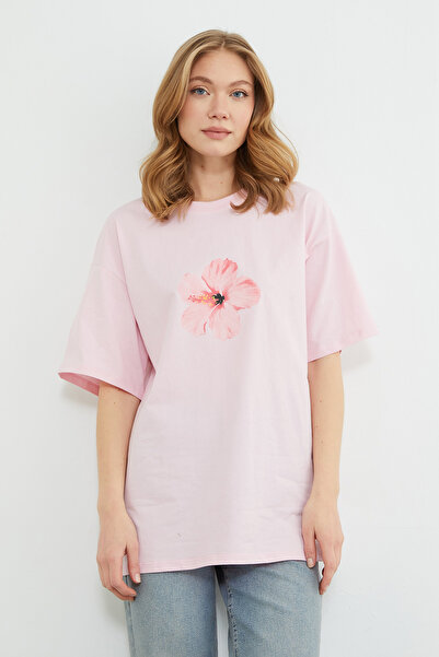 Fulla Moda Hibiscus Flower Printed Oversized T-Shirt