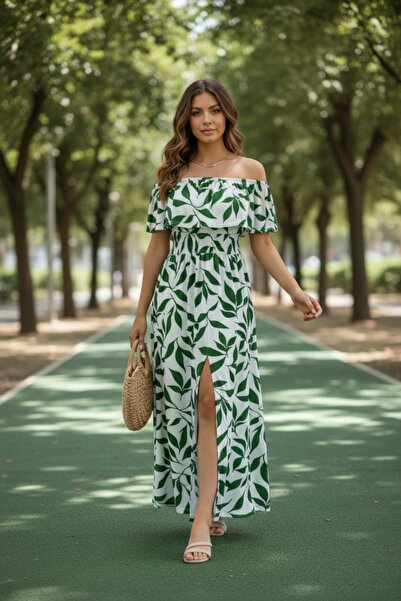 Mossta Φόρεμα με μακρύ σχέδιο και γιακά Madonna - Πράσινο