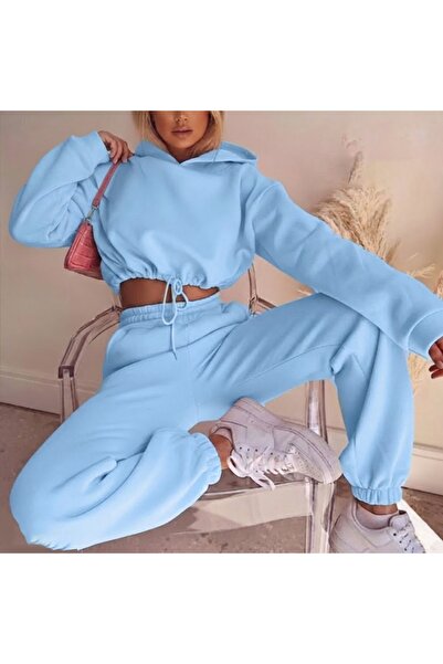 FASHION طقم هودي قصير وبنطلون رياضي من قطعتين للنساء