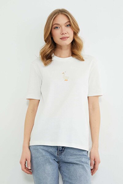 Fulla Moda Μπλουζάκι με κέντημα πάπιας και λαιμόκοψη ποδηλάτου, χαλαρή εφαρμογή