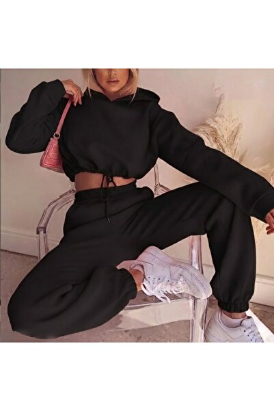 FASHION طقم هودي قصير وبنطلون رياضي من قطعتين للنساء