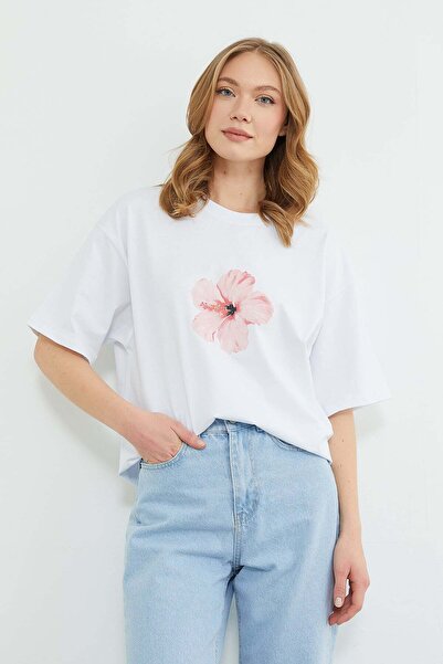 Fulla Moda Μπλουζάκι με άνθος ιβίσκου με τύπωμα oversized