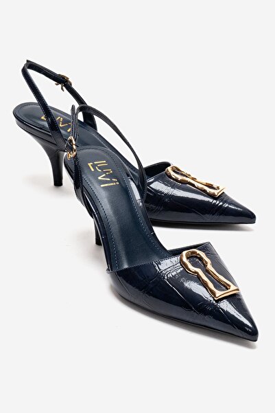 LuviShoes YVELLA Lacivert Rugan Baskı Tokalı Sivri Burunlu Kadın Topuklu Ayak...