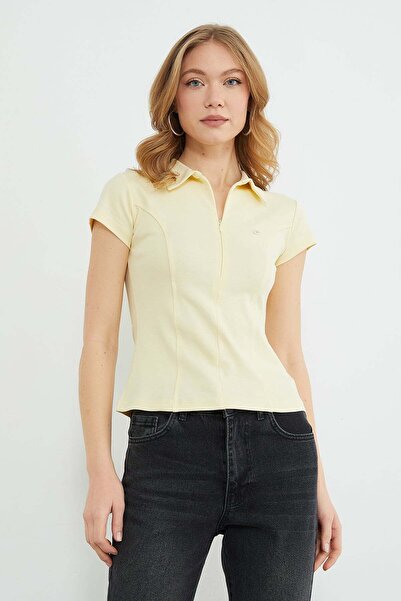 Fulla Moda Half Zip Slim Fit T-Shirt with Metal Accessories