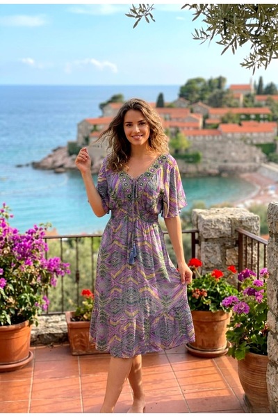 LAGRANZE Élorien Vista Women's Patterned Midi Dress – Lightweight Fabric, Com...