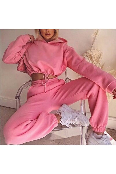 FASHION طقم هودي قصير وبنطلون رياضي من قطعتين للنساء