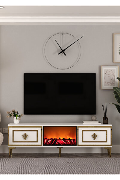 DEMONTE DECOR TV0067-TXA150DD-32 ŞÖMİNELİ TV SEHPASI BEYAZ-ALTIN