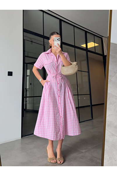My Blog Ροζ 100% βαμβακερό καρό φόρεμα πουκάμισο με λεπτομέρεια από δαντέλα -...