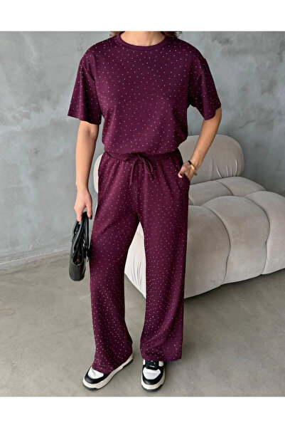 New Deux Γυναικείο άνετο υφασμάτινο σετ με πέτρινη λεπτομέρεια