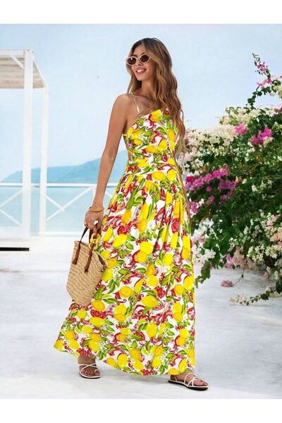 Iuliashop Rochie lungă albă Paola cu imprimeu cu lămâi - S