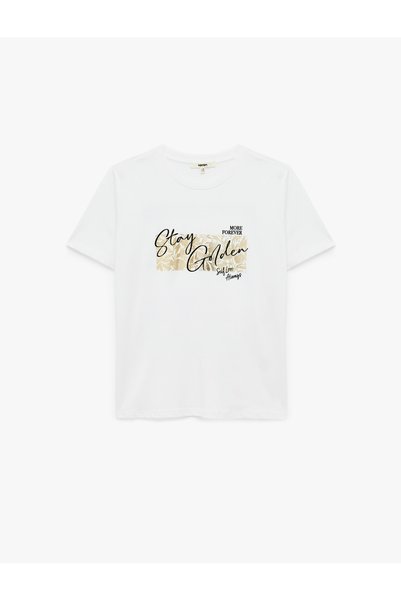 Koton Cotton Crew Neck Short Sleeve T-Shirt with Shiny Foil Print
