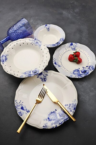 Bev Kitchen Bluemelia 24 Parça Porselen Dijital Baskı Yemek Takımı