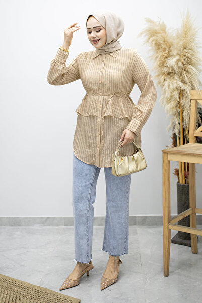 Tesettür Dünyası Πουκάμισο με ριγέ σχέδιο και λεπτομέρεια βολάν TSD260160 Μπεζ