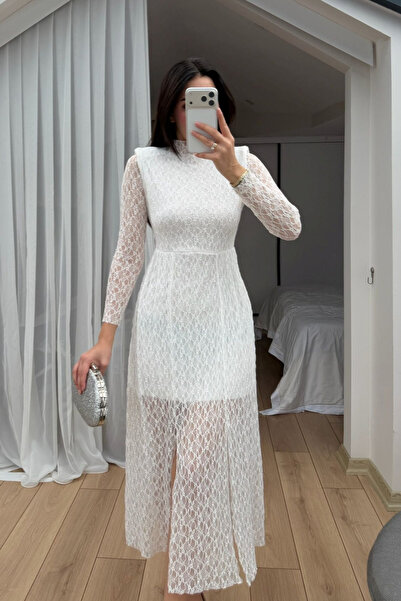 Sindimoda Aylin Güpür Detay Vatkalı Midi Elbise 4572
