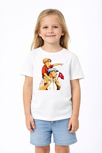 BYMEER White Children's T-Shirt with Flag and Ataturk Print
