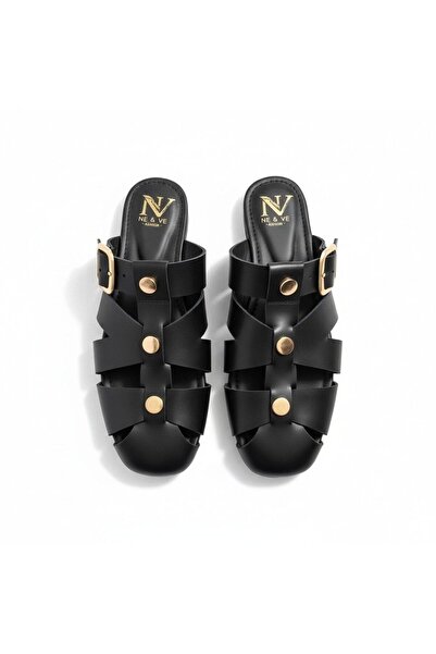 NE&VE SHOES Siyah Deri Trok Detaylı Tokalı Kadın Kare Burunlu Sabo Terlik