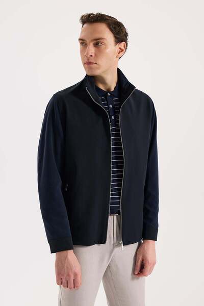 Jakamen Navy Blue Comfort Fit Mock Neck Transitional Sports Coat