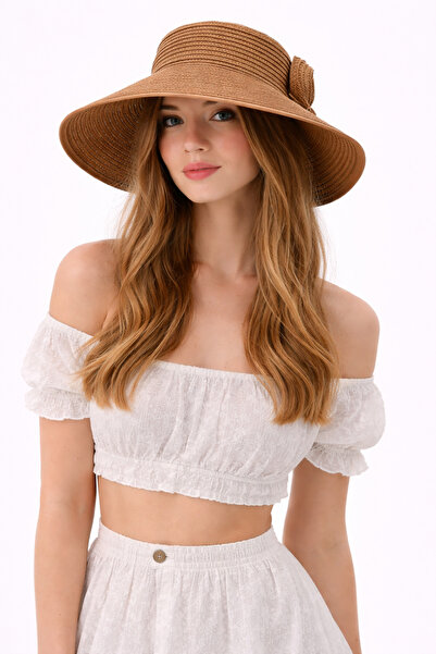 Zeramine 2024 Γυναικείο ψάθινο καπέλο Camel με φαρδύ γείσο και λεπτομέρεια φι...