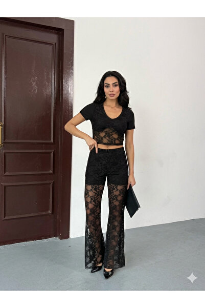 MERİCEY Γυναικείο Μαύρο Δαντελένιο Σετ Δύο Τεμαχίων – Ψηλόμεσο Δαντελένιο Παν...