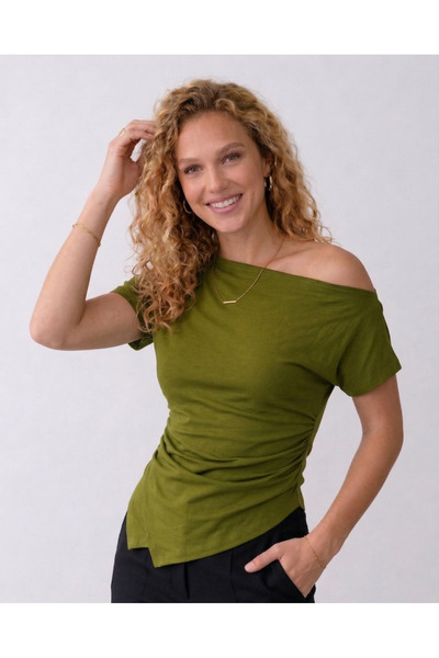Moda Lounge YENİ ÜRÜN Kadın Pamuklu Kumaş Büzgü Detaylı Asimetrik Kesim Düşük...