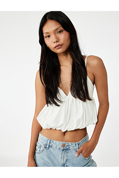 Koton Βαμβακερή μπλούζα με λαιμόκοψη σε σχήμα V με εφαρμοστό λουράκια από ποπ...