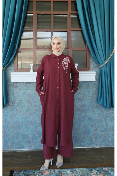 NİSUM MODA Σετ από βαμβακερό λινό με κέντημα λουλουδιών