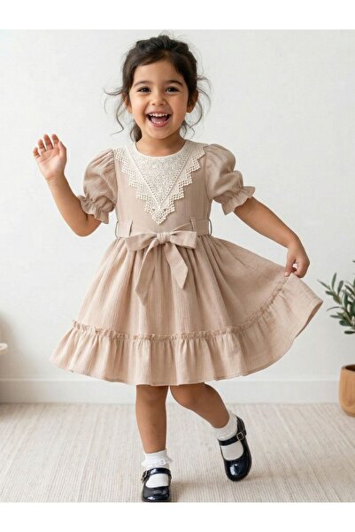 Cherrys Bebek Βαμβακερό τσαλακωτό φόρεμα για κορίτσια με τριγωνικό γιακά