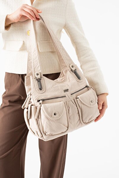 571 Collections Çanta Πλυμένη δερμάτινη τσάντα ώμου πολλαπλών θέσεων, μπεζ Μο...