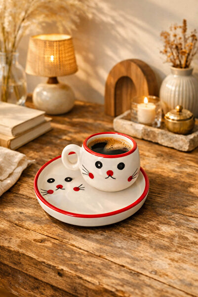 Anadolu Saray Özel Tasarım El Yapımı Seramik Kedi Figürlü Kahve Fincanı ve Su...