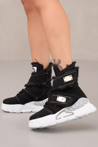 StarBlueMooN Black Denim Boots Summer Boots with Velcro Closure and Metal Det...