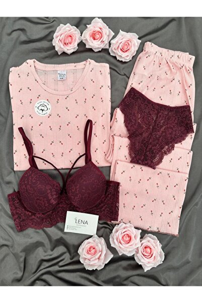 Lena Homewears Γυναικείο σετ πιτζάμες με εσώρουχα, 100% βαμβακερό, αναπνεύσιμ...